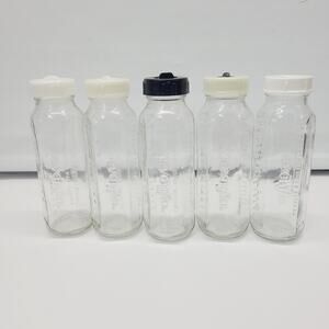 Vintage Evenflo 8 oz Glass Baby Bottles with Rings Stoppers Lot of 5 NO NIPPLES